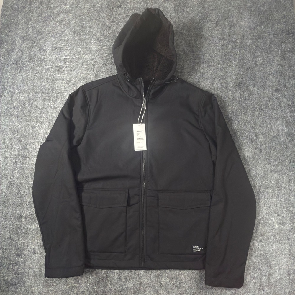 Hurley Evans Jacket Men Large Black Hooded Fleece Lined Full Zip Winter Coat NWT